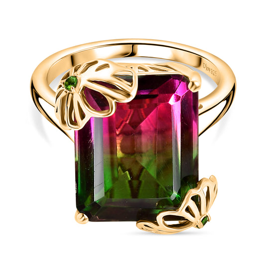 Lotus Ember - D joy Wassermelonen Quarz Triplette, Natürlicher Chromdiopsid Ring 925 Silber 750 Gelbgold Vermeil (Größe 21.00) ca. 11.58 ct