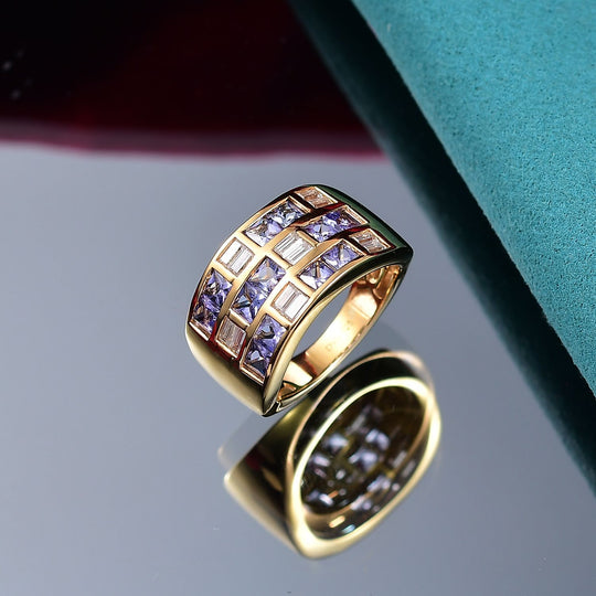D Joy Tansanit, Moissanit Ring 925 Silber 750 Gelbgold Vermeil (Größe 19.00) ca. 2.27 ct
