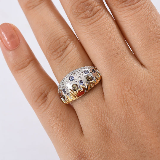 Fire and Ice Collection - Natürlicher goldener Tansanit, Tansanit Ring 925 Silber Rhodiniert und 750 Gelbgold Vermeil (Größe 19.00) ca. 0.98 ct
