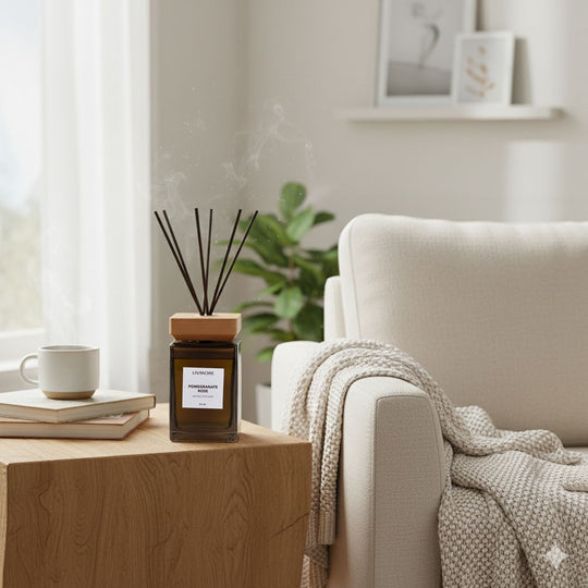 LIVMORE - Home Fragrance Kollektion - Raumduft Diffuser 500 ml Teeglas braun mit Holzdeckel 8 Stäbchen Duft Granatapfel Rose Größe 8.3 x 8.3 x 14.5 cm