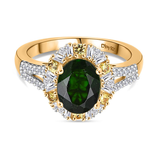 D'Joy Natürlicher Chromdiopsid, Gelber Saphir Ring 925 Silber 750 Gelbgold Vermeil (Größe 20.00) ca. 2,52 ct
