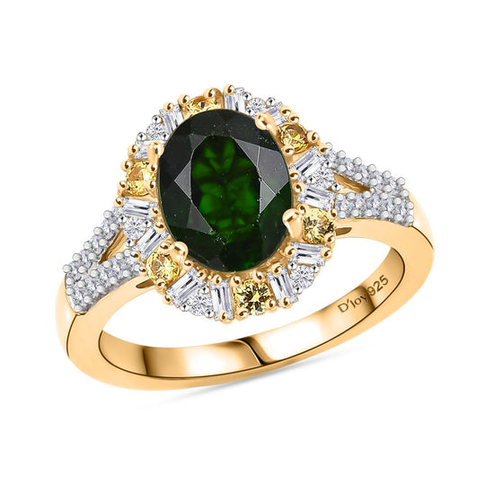 D'Joy Natürlicher Chromdiopsid, Gelber Saphir Ring 925 Silber 750 Gelbgold Vermeil (Größe 20.00) ca. 2,52 ct