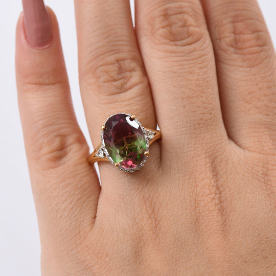 Vine Whisper D joy Wassermelonen Quarz Triplette, Weißer Zirkon Ring 925 Silber platiniert und vergoldet (Größe 19.00) ca. 6.84 ct