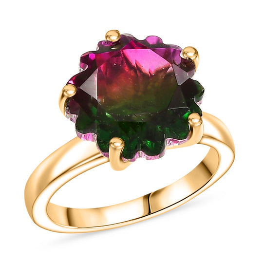Bloom Flare - D joy Wassermelonen Quarz Triplette Ring 925 Silber 750 Gelb Vergoldet (Größe 18.00) ca. 6.46 ct
