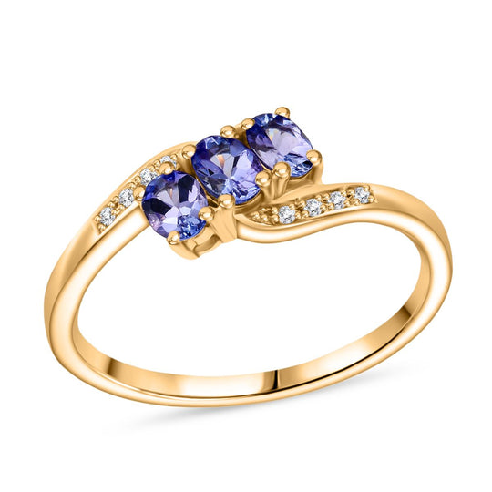 Tansanit, Weißer Zirkon Ring 925 Silber vergoldet (Größe 20.00) ca. 0.61 ct