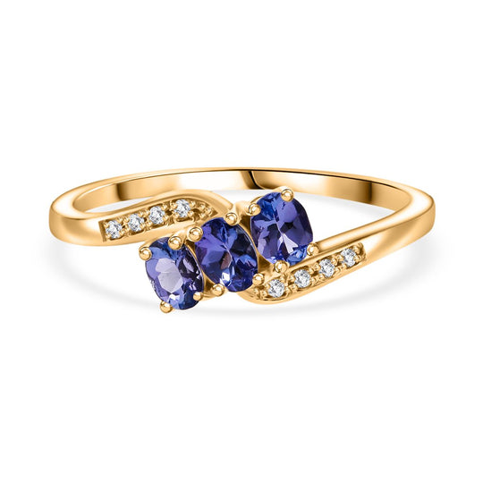 Tansanit, Weißer Zirkon Ring 925 Silber vergoldet (Größe 20.00) ca. 0.61 ct
