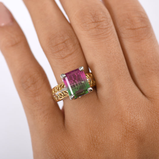 D’joy Wassermelonen Quarz Triplette Ring 925 Silber platiniert und vergoldet (Größe 18.00) ca. 6,91 ct