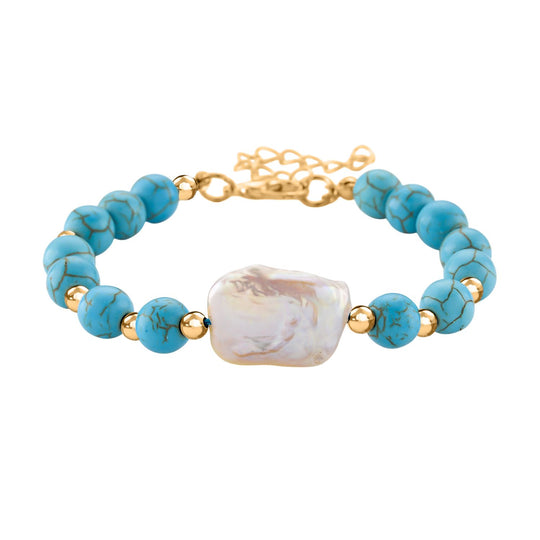 Blauer Howlit, Weiße Keshi Perle Armband, ca. 18cm mit 5cm extender, Reine Legierung goldfarben