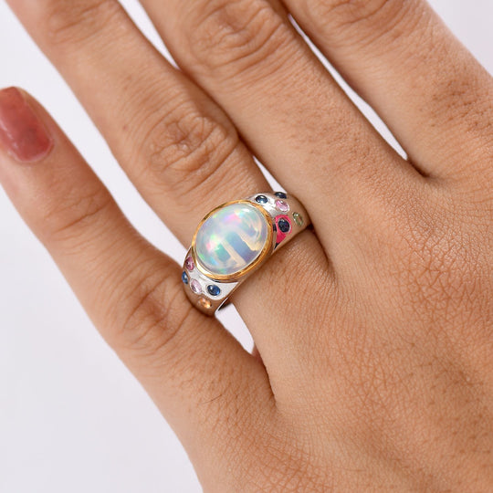 AA Natürlicher, äthiopischer Welo Opal, Mehrfarbig Saphir Ring 925 Silber rhodiniert (Größe 20.00) ca. 3,20 ct
