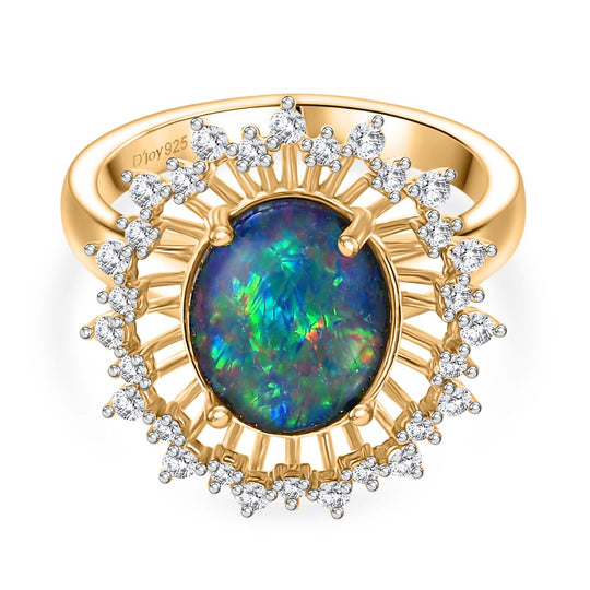 Djoy Boulder Opal Triplette, Weißer Zirkon Ring 925 Silber 750 Gelbgold Vermeil (Größe 19.00) ca. 2.61 ct