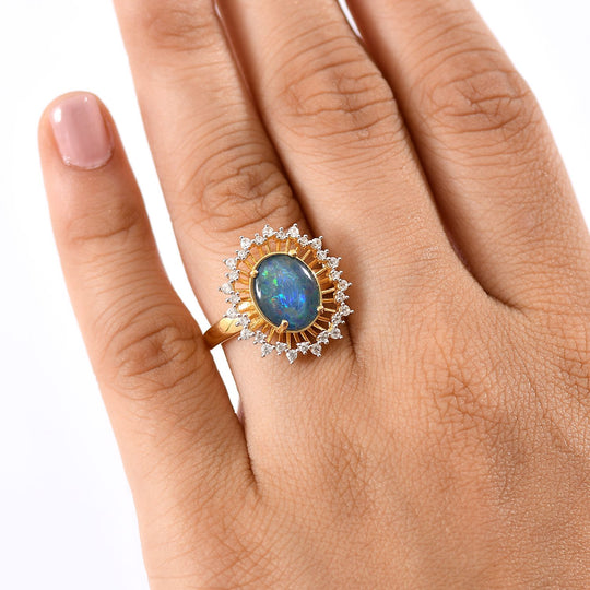 Djoy Boulder Opal Triplette, Weißer Zirkon Ring 925 Silber 750 Gelbgold Vermeil (Größe 19.00) ca. 2.61 ct