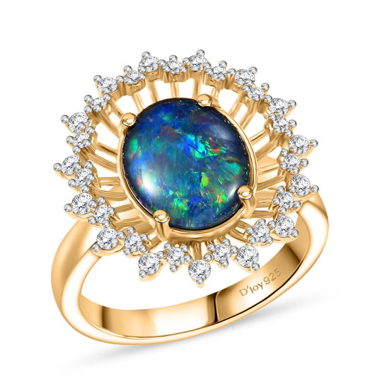 Djoy Boulder Opal Triplette, Weißer Zirkon Ring 925 Silber 750 Gelbgold Vermeil (Größe 19.00) ca. 2.61 ct