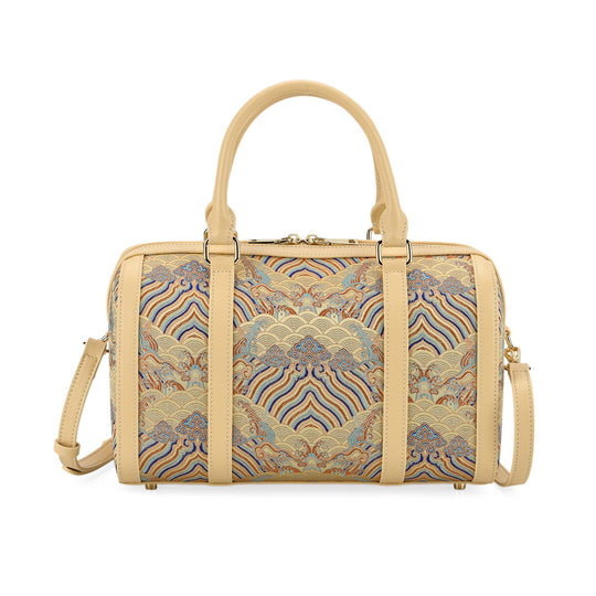 LA MAREY Signature - Seiden-Brokat Tasche mit Leder, 30x18x15 cm, Gelb