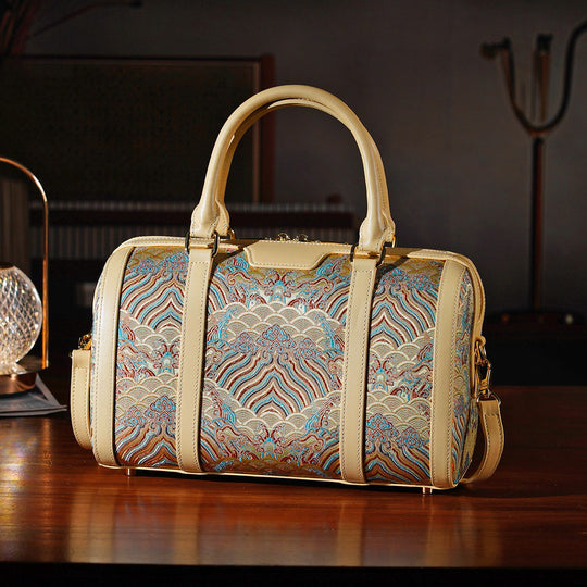 LA MAREY Signature - Seiden-Brokat Tasche mit Leder, 30x18x15 cm, Gelb