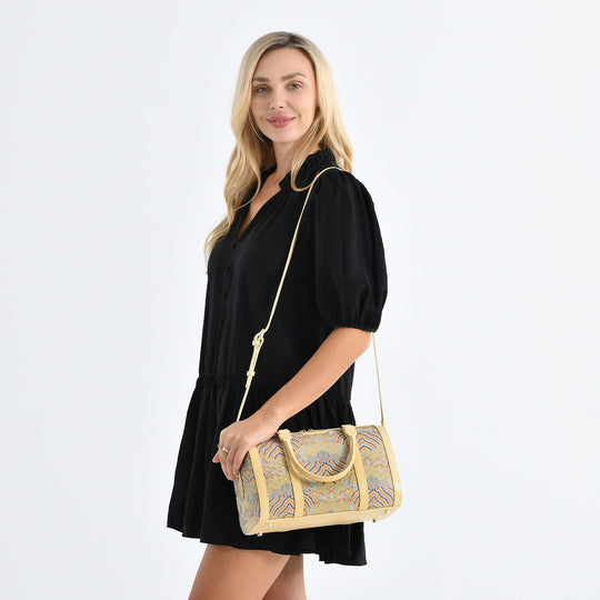 LA MAREY Signature - Seiden-Brokat Tasche mit Leder, 30x18x15 cm, Gelb