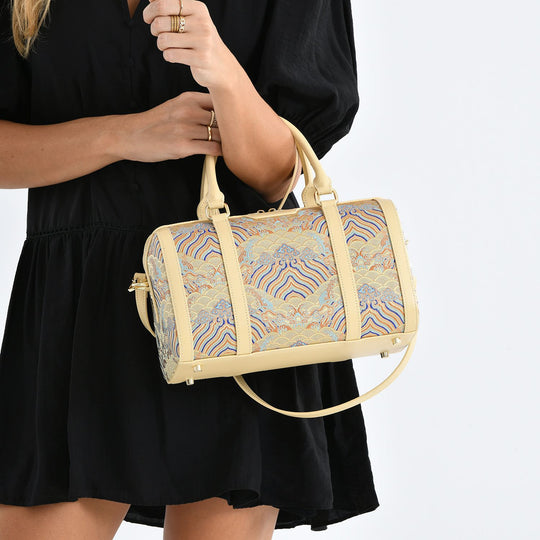 LA MAREY Signature - Seiden-Brokat Tasche mit Leder, 30x18x15 cm, Gelb