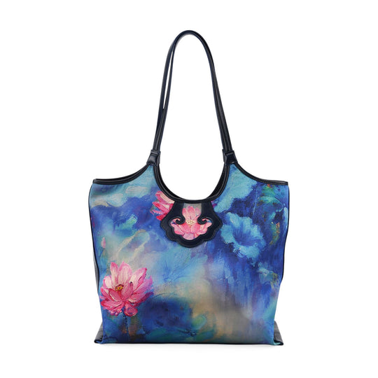 LA MAREY Signature Brokat Echtleder Schultertasche, 1 Außenfach und 2 Innenfächer, 34 x 35 x 11.5 cm, Weiß mit lila Blumen