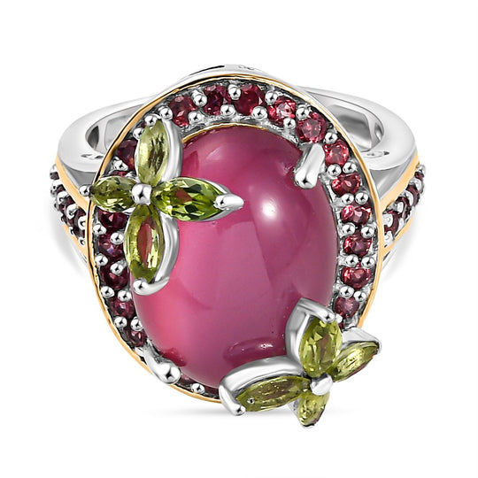 D'Joy Maulbeer Mondstein, Peridot Ring 925 Silber Rhodiniert und 750 Gelbgold Vermeil (Größe 16.00) ca. 12,21 ct