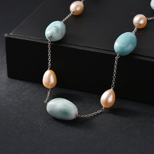 Larimar und Süßwasserperle Halskette, 50cm, 925 Silber rhodiniert