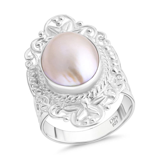 D'Joy Royal Bali- Weißer Mabe Perle (16x12 mm) Ring in 925 Silber