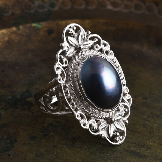 D'Joy Royal Bali- Blau Mabe Perle (16x12 mm) Ring in 925 Silber