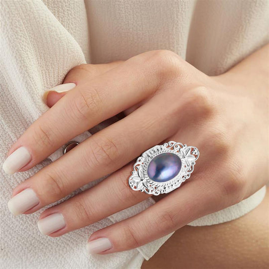 D'Joy Royal Bali- Blau Mabe Perle (16x12 mm) Ring in 925 Silber