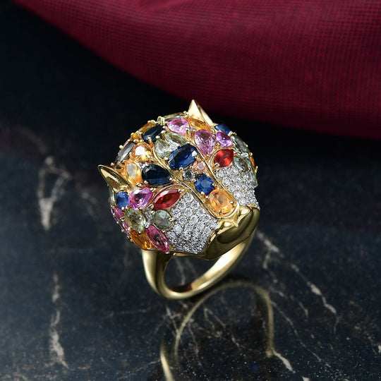 D'Joy Mehrfarbiger Saphir, Moissanit Ring 925 Silber 750 Gelbgold Vermeil (Größe 20.00) ca. 9.92 ct