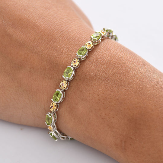 D'joy Natürlicher Peridot, Natürlicher Rhodolith Granat Armband ca. 20 cm 925 Silber Rhodiniert und 750 Gelbgold Vermeil ca. 8.62 ct