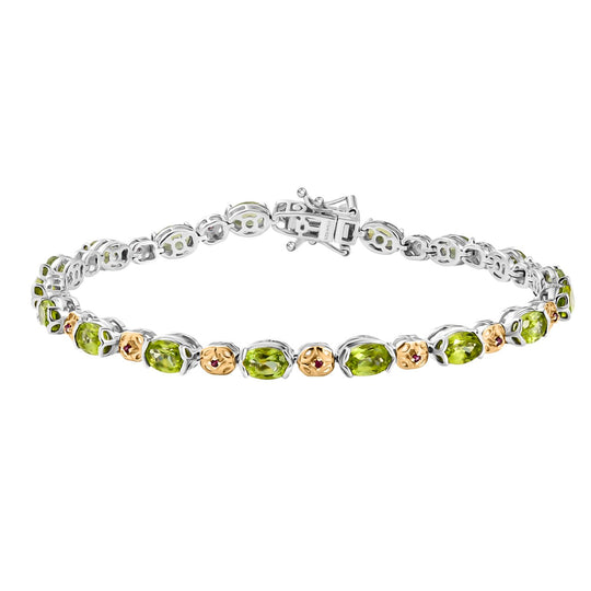 D'joy Natürlicher Peridot, Natürlicher Rhodolith Granat Armband ca. 20 cm 925 Silber Rhodiniert und 750 Gelbgold Vermeil ca. 8.62 ct