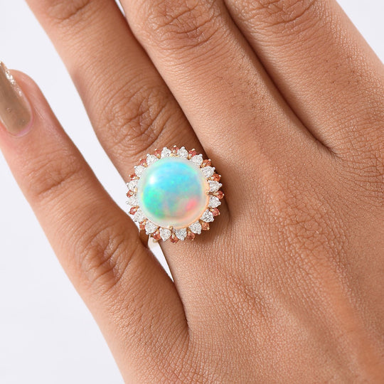 Luxuriant - AAA Natürlicher, äthiopischer Welo Opal, Padparadscha Saphir, Lab Grown Diamant Ring 585 Gold (Größe 20.00) ca. 6.72 ct