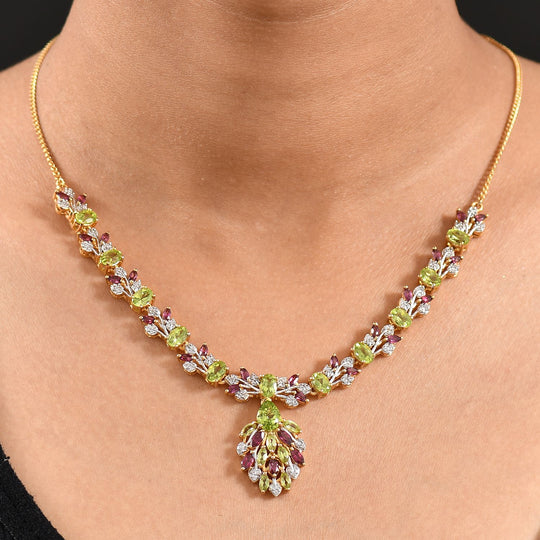 D'joy Natürlicher Peridot Halskette ca. 45 cm 925 Silber Rhodiniert und 750 Gelbgold Vermeil ca. 12.80 ct