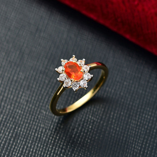 D'Joy AAA Blaze Feueropal, Weißer Zirkon Ring 925 Silber 750 Gelb Vergoldet ca. 0,83 ct