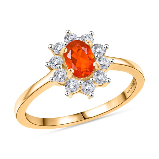 D'Joy AAA Blaze Feueropal, Weißer Zirkon Ring 925 Silber 750 Gelb Vergoldet ca. 0,83 ct