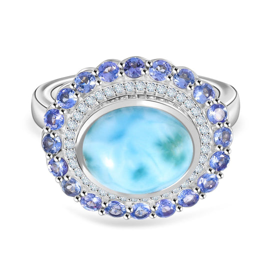 D'Joy Larimar, Tansanit Ring 925 Silber rhodiniert (Größe 16.00) ca. 7,62 ct