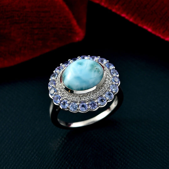 D'Joy Larimar, Tansanit Ring 925 Silber rhodiniert (Größe 16.00) ca. 7,62 ct