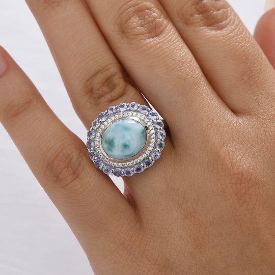 D'Joy Larimar, Tansanit Ring 925 Silber rhodiniert (Größe 16.00) ca. 7,62 ct