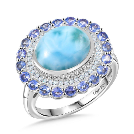 D'Joy Larimar, Tansanit Ring 925 Silber rhodiniert (Größe 16.00) ca. 7,62 ct