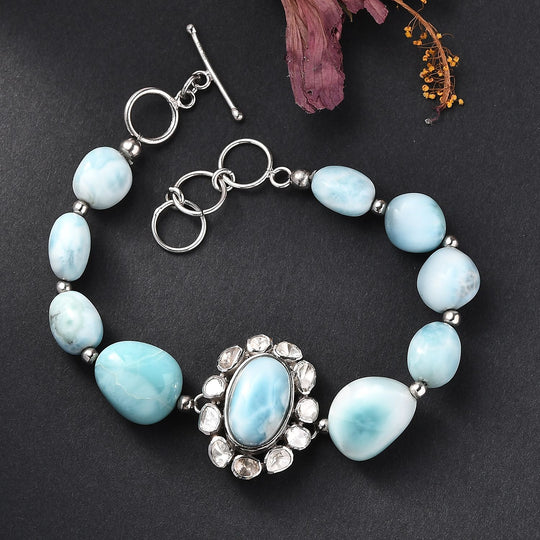 D'Joy AA Larimar und Labor Polki Diamant Armband, ca. 19 cm 925 Silber rhodiniert ca. 75.00 ct