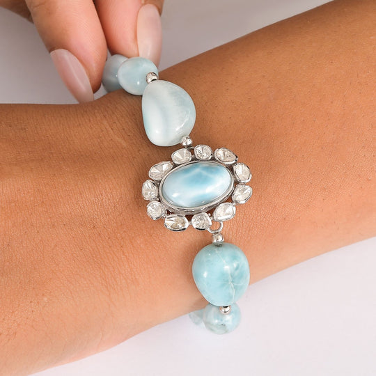 D'Joy AA Larimar und Labor Polki Diamant Armband, ca. 19 cm 925 Silber rhodiniert ca. 75.00 ct