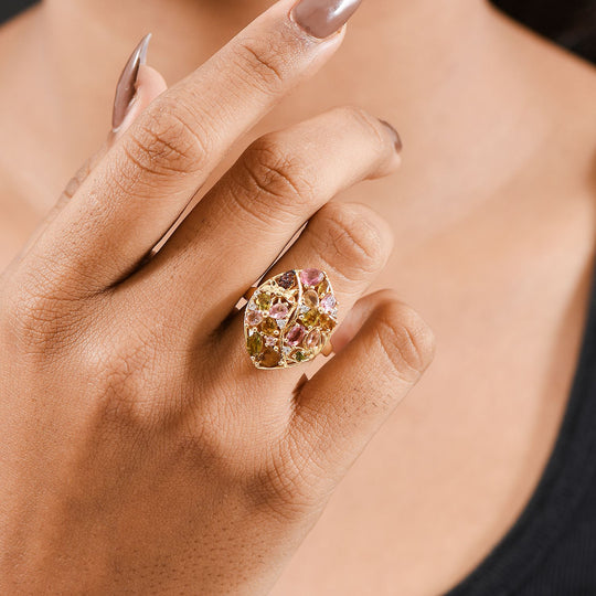 GP Italienische Garten Kollektion - AA Mehrfarbiger-Turmalin Ring, 925 Silber 750 Gelbgold Vermeil (Größe 20.00) ca. 2.70 ct