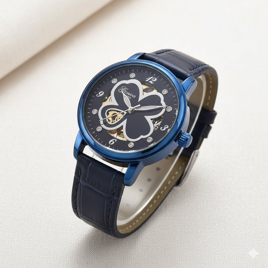 GENOA TIME V2 Automatikuhr mit Automatikwerk, Zifferblatt mit Blumenmuster und Moissaniten, schwarzes Lederarmband, 36 mm