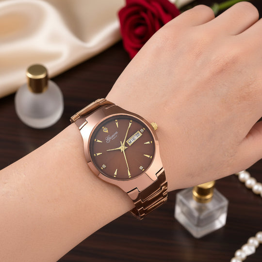 GENOA TIME V2 Uhr mit Japanischem VJ33 Quarzwerk, 36 mm, Zifferblatt mit Kristallen und Datumsanzeige, Armband aus Wolframstahl, 3 ATM wasserdicht, vergoldet