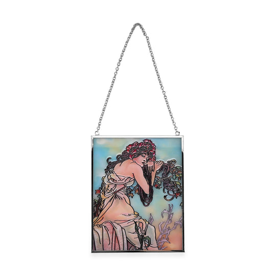 Handbemalter Glas Suncatcher mit Kette, silberfarbenem Rahmen, Alphonse Mucha Motiv Sommer, 12x15 cm