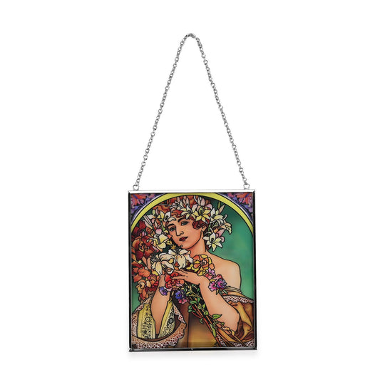 Handbemalter Glas Suncatcher mit Kette, silberfarbenem Rahmen, Alphonse Mucha Motiv Fleur, 12x15 cm
