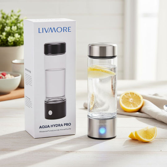 LIVMORE - doppelwandige Wasserstoff Wasserflasche 300 ml, SPE PEM, Borosilikatglas, USB Akku, Schwarz