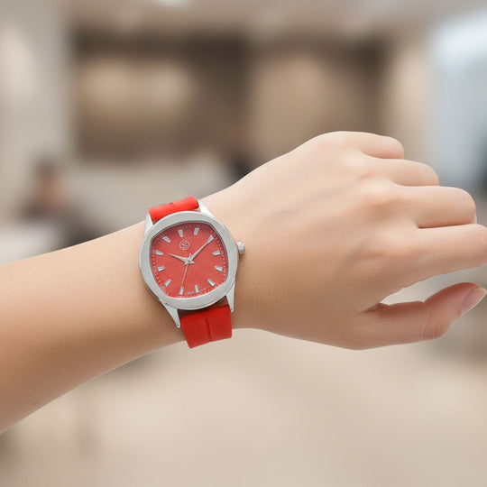 STRADA - Uhr mit japanischem Uhrwerk, silbernem Gehäuse und rotem Silikonarmband