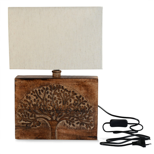NAKKASHI handgeschnitzte Tischleuchte mit Lebensbaum-Motiv, Holzsockel, Stoffschirm, 28x10x29cm, natürliche Holzoptik