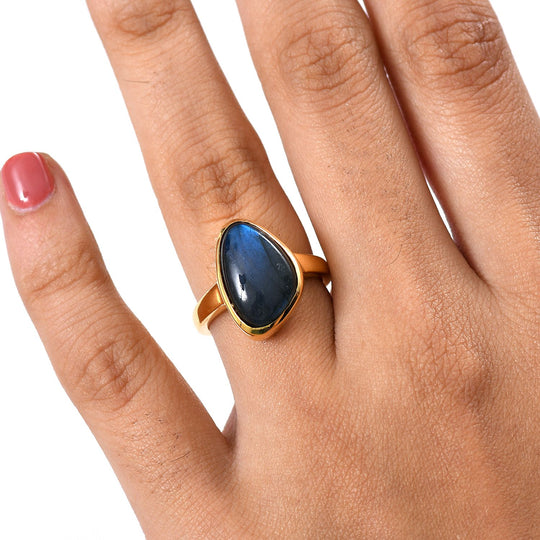 D'Joy AAA Labradorit Ring 925 Silber 750 Gelb Vergoldet (Größe 18.00) ca. 6,66 ct