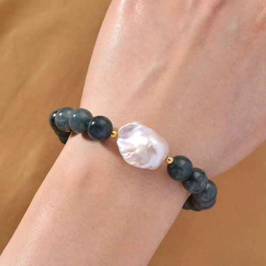 EXTREM SELTEN - Natürlicher Olmek Jadeit, Süßwasser Barockperle Armband, Flexibles, 925 Silber vergoldet