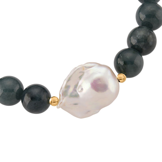 EXTREM SELTEN - Natürlicher Olmek Jadeit, Süßwasser Barockperle Armband, Flexibles, 925 Silber vergoldet